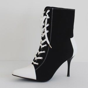 Black and white heeled canvas lace up ankle boot 8